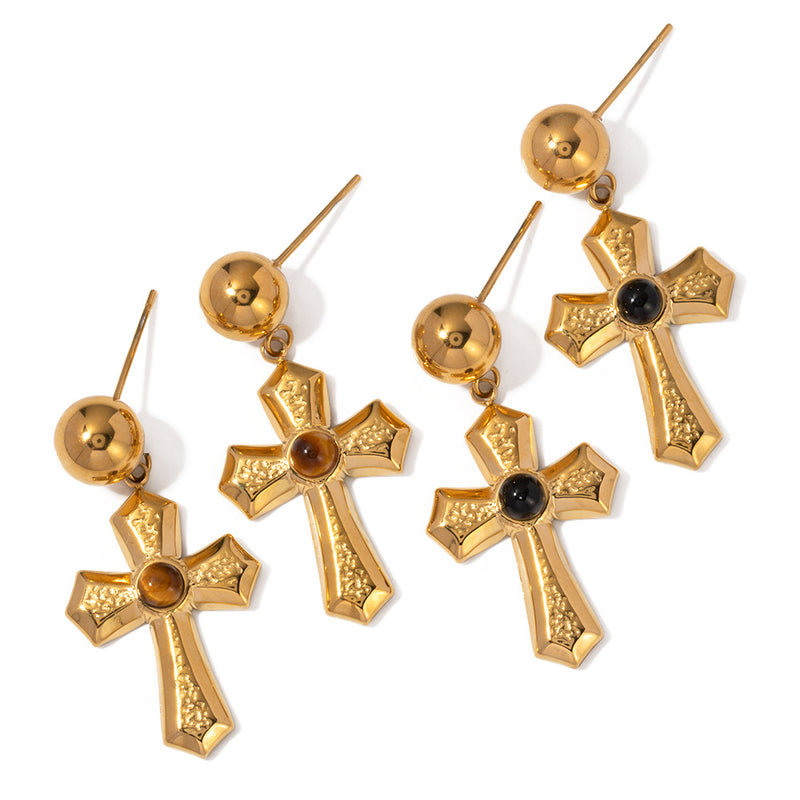 GOLD TIGER'S EYE CROSS EARRING