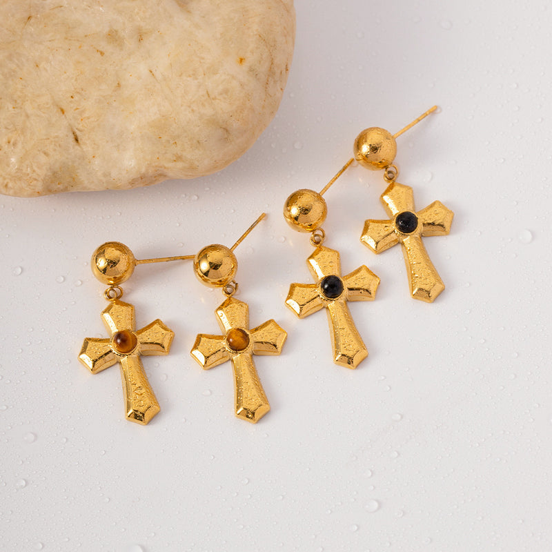 GOLD TIGER'S EYE CROSS EARRING