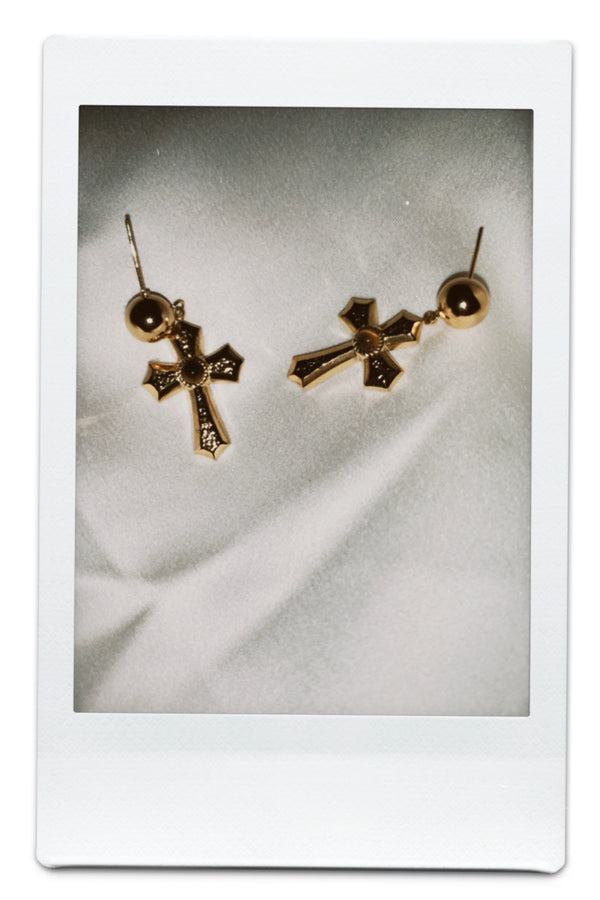 GOLD TIGER'S EYE CROSS EARRING